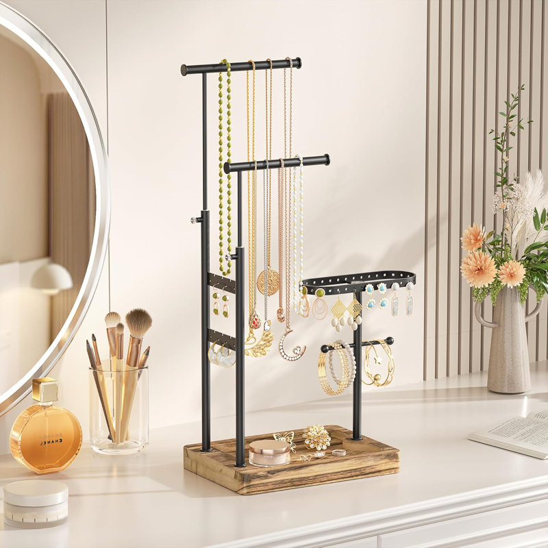 Latitude Run Jewelry Organizer Stand Necklace Holder Stand With Height Adjustable Design Rotatable Jewelry Holder For Long Necklaces Earrings Jewlery Display And Storage Carbonized Black And Black Way...